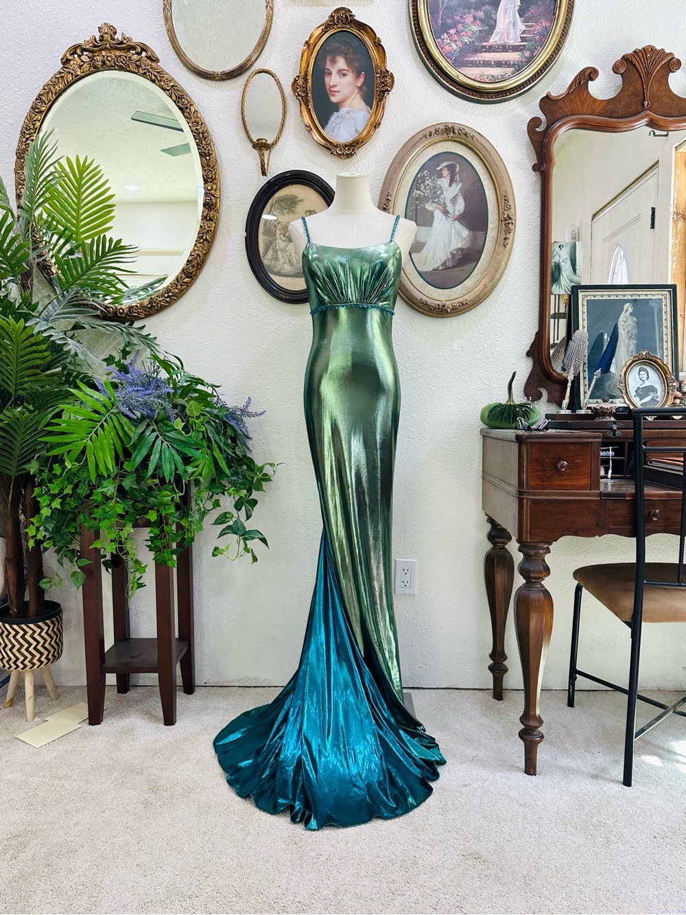 Blush Metallic Green-to-Teal Ombre Maxi Gown